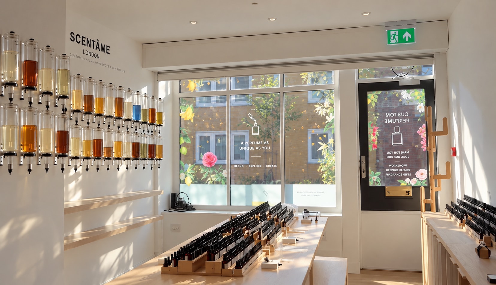 Inside the Scentâme perfume atelier in London: a wall of perfume dispensers, the workshop bench and the shop window